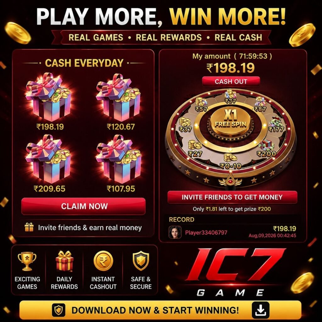 IC7 APK download screen featuring daily rewards, free spin bonuses, instant cashout options, and secure mobile gaming features.