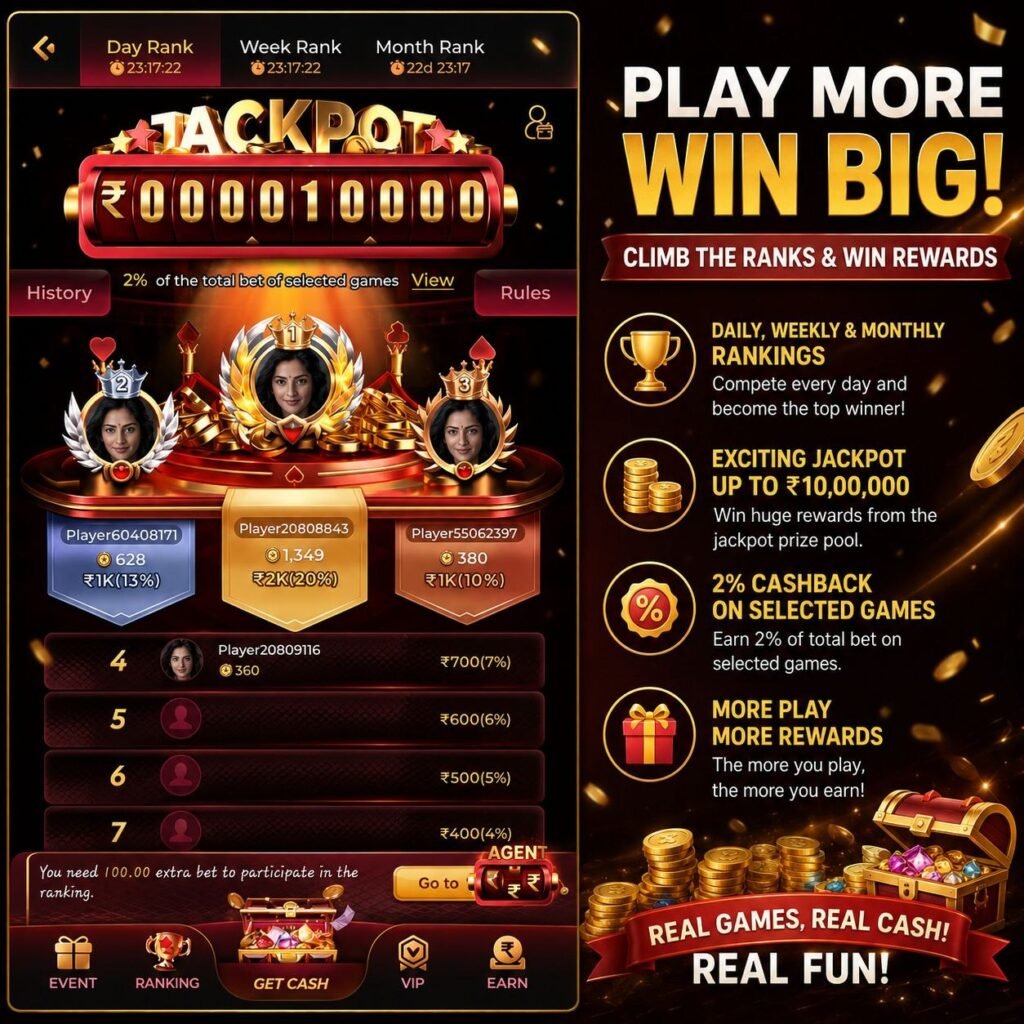 IC7 App ranking dashboard displaying jackpot rewards, daily rankings, cashback offers, and player leaderboard competitions.