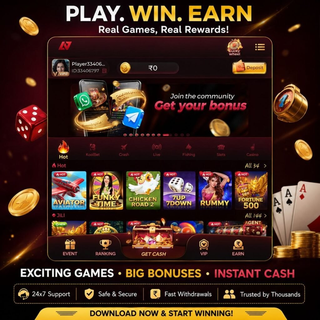 IC7 gaming app homepage showing bonus offers, popular games, instant cash rewards, secure payments, and fast withdrawals.