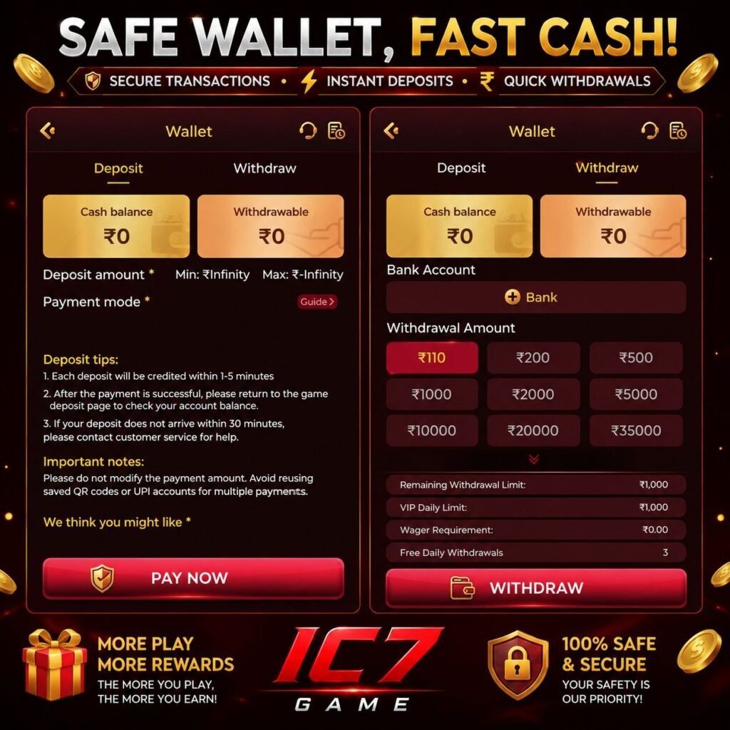 IC7 download page displaying secure wallet features, instant deposits, fast withdrawals, payment options, and account balance management.